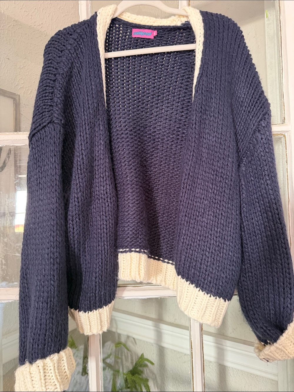 Edikted Navy & Cream Open-Front Knit Cardigan Sweater